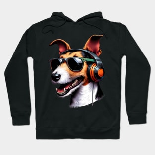 Smooth Fox Terrier Smiling DJ with Headphones and Sunglasses Hoodie